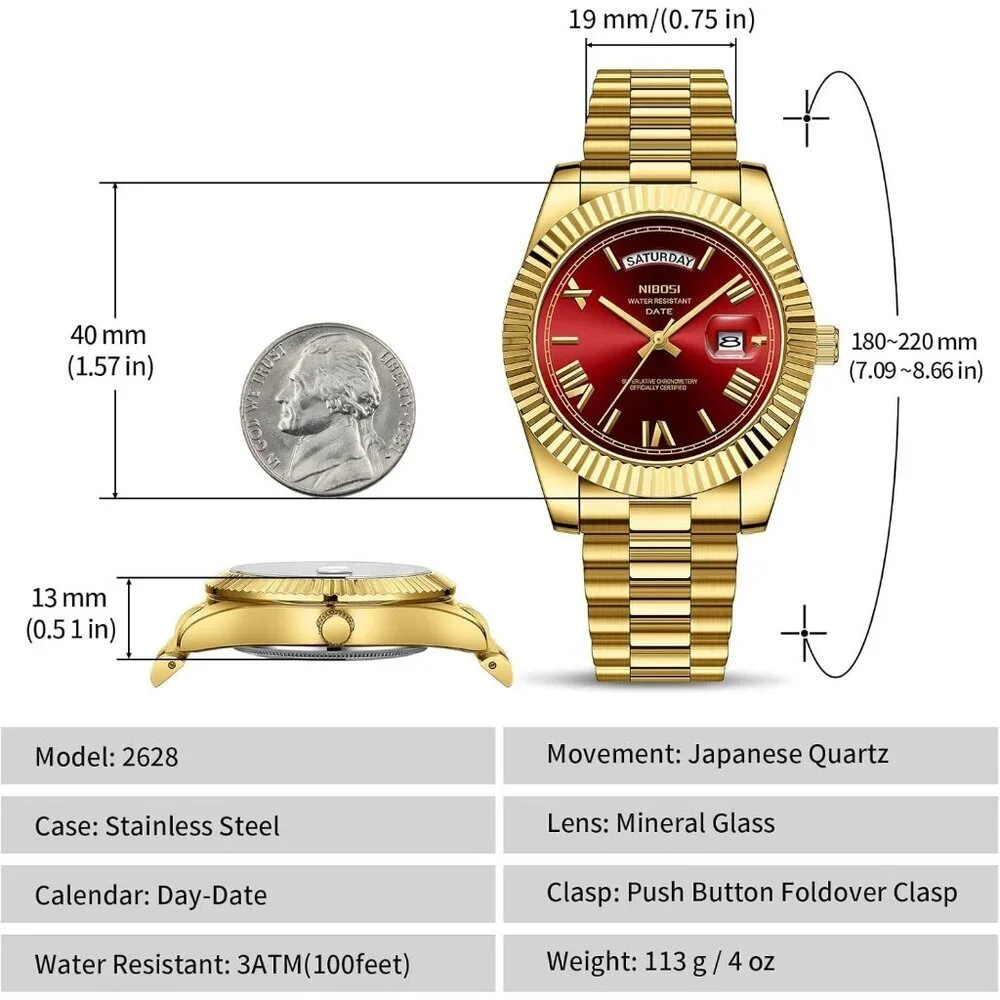 Men's Gold Red Stainless Steel Analog Classic Design Stylish Wrist Dress Watch